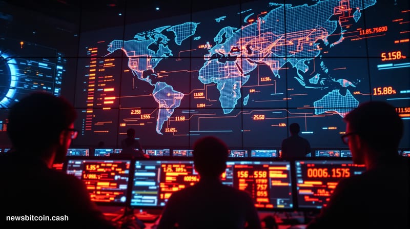 A cinematic photorealistic editorial photograph showing a darkened cybersecurity operations center with multiple monitors dis