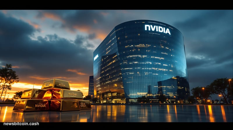 A cinematic photorealistic editorial photograph of NVIDIA's distinctive curved glass headquarters building in Santa Clara, Ca