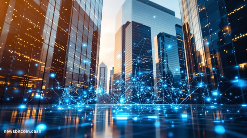 A cinematic photorealistic editorial photograph capturing the intersection of traditional finance and blockchain technology. 