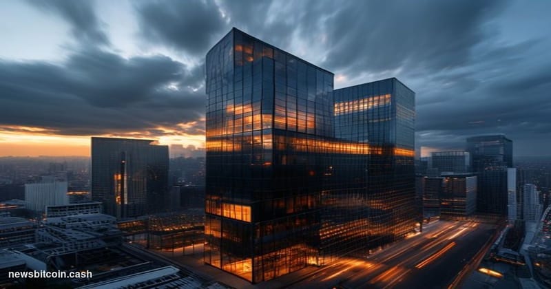 A cinematic photorealistic editorial photograph of a modern Latin American financial district at golden hour, featuring gleam