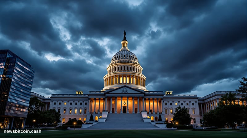 A cinematic photorealistic editorial photograph of the United States Capitol building at dusk, shot from the east lawn with d