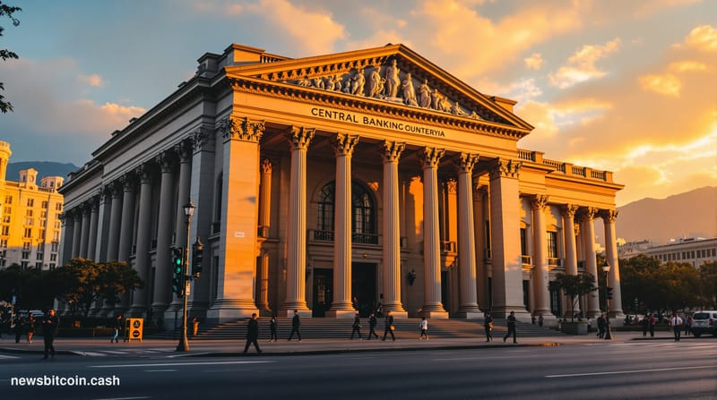 A cinematic photorealistic editorial photograph of Lima, Peru's central banking district at golden hour, with the imposing ne