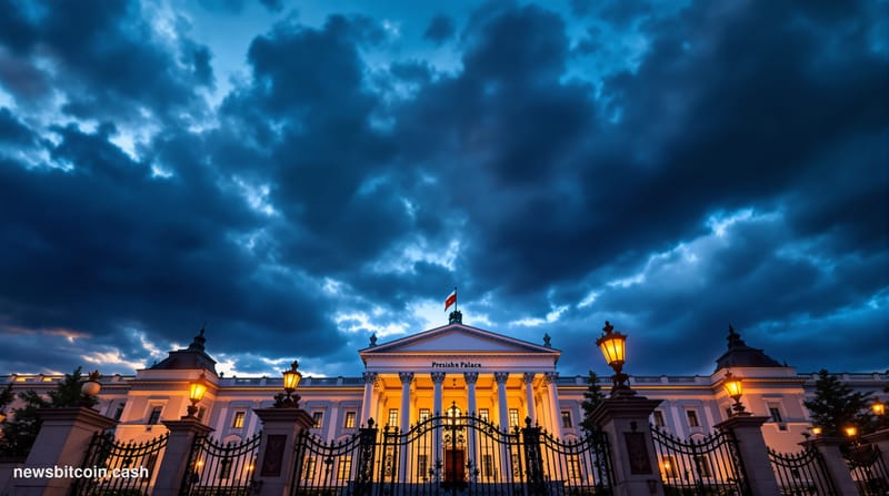 A cinematic photorealistic editorial photograph of the Polish Presidential Palace in Warsaw at dusk, with dramatic storm clou