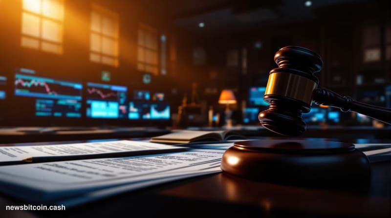 A cinematic photorealistic editorial photograph capturing the tension of compromised judicial integrity in digital markets. T