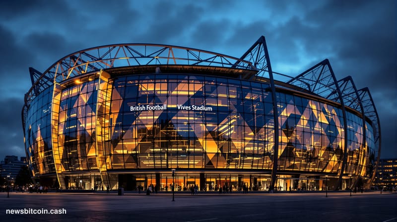 A cinematic photorealistic editorial photograph of a Premier League football stadium exterior at dusk, with dramatic moody li