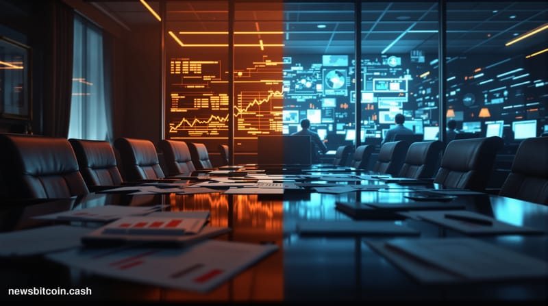 A cinematic photorealistic editorial photograph showing a stark contrast between traditional finance and blockchain technolog