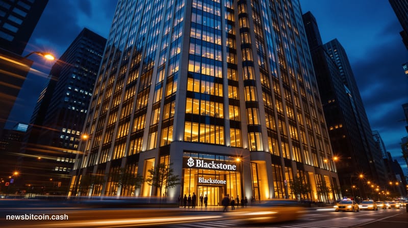 A cinematic photorealistic editorial photograph showing the imposing granite and glass exterior of Blackstone's Manhattan hea