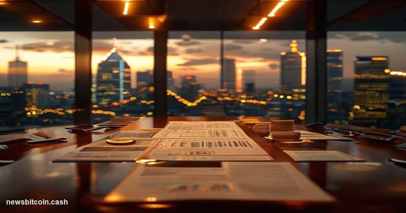 A cinematic photorealistic editorial photograph of a modern corporate boardroom with floor-to-ceiling windows overlooking a f