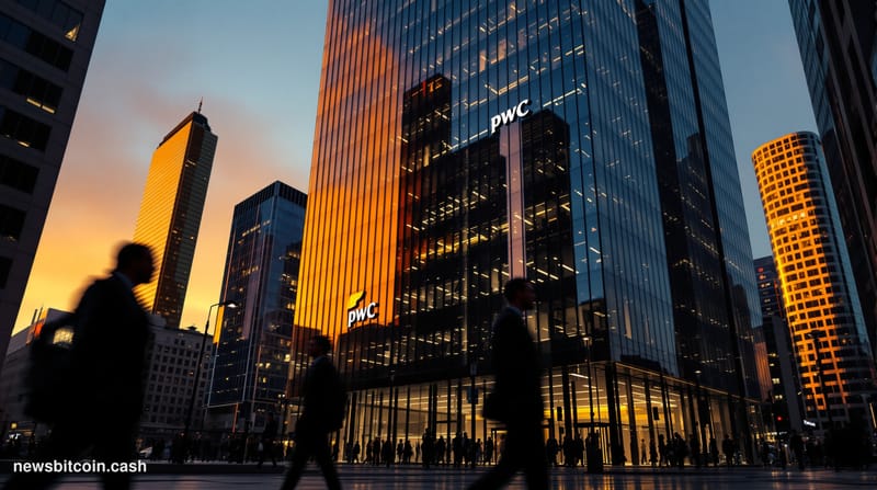 A cinematic photorealistic editorial photograph of PwC's imposing glass headquarters tower in London's financial district, ca