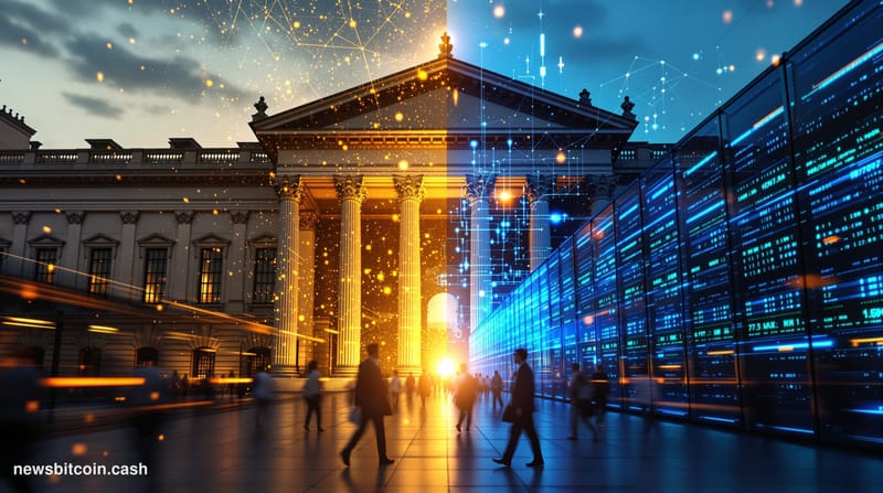 A cinematic photorealistic editorial photograph showing a dramatic split-screen composition of traditional financial markets 