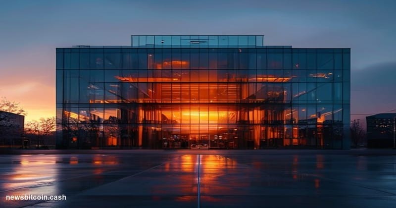 A cinematic photorealistic editorial photograph showing a modern glass office building at dusk with darkened windows, symboli