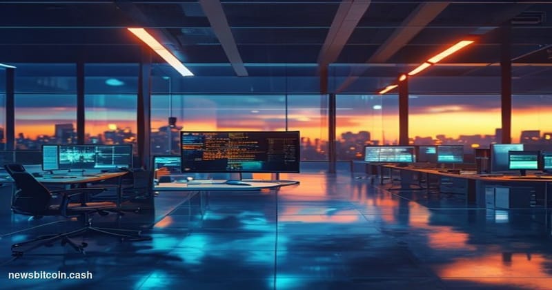A cinematic photorealistic editorial photograph showing a darkened modern tech office space with empty desks and abandoned co