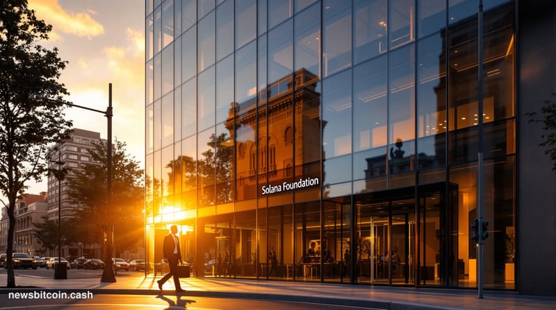 A cinematic photorealistic editorial photograph showing the modern Solana Foundation offices in San Francisco's SOMA district