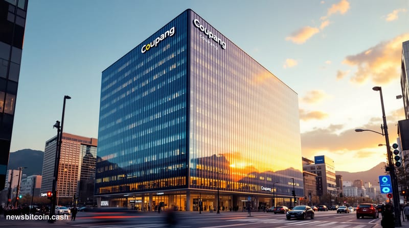A cinematic photorealistic editorial photograph showing Coupang's distinctive modern corporate headquarters in Seoul, South K