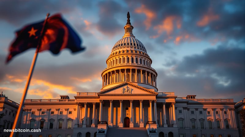A cinematic photorealistic editorial photograph of the United States Capitol building's Senate wing during golden hour, shot 