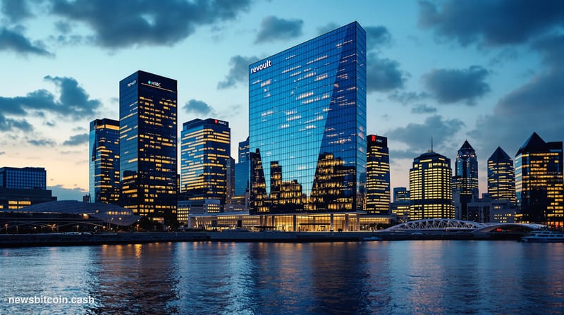 A dramatic aerial view of London's Canary Wharf financial district at dusk, with Revolut's distinctive headquarters building 