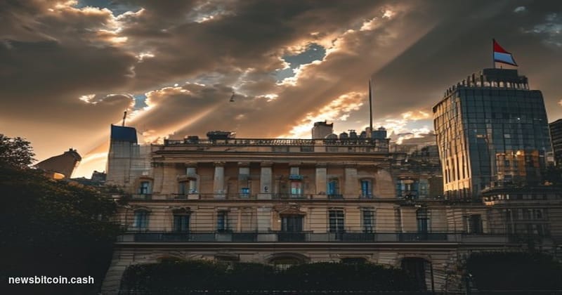 Cinematic photorealistic editorial photograph of the Élysée Palace in Paris during golden hour, with the French presidential 