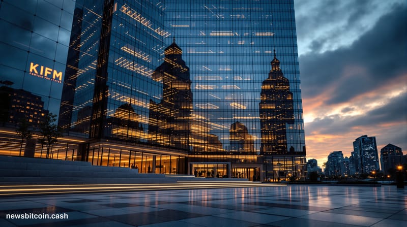 A cinematic photorealistic editorial photograph showing the exterior of a modern glass-facade banking headquarters in a major