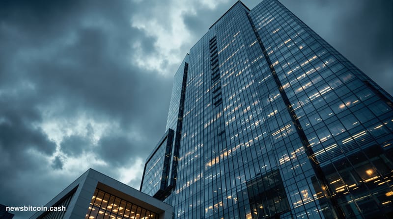 A dramatic cinematic photograph showing the imposing JPMorgan Chase headquarters at 270 Park Avenue in Manhattan, shot from a