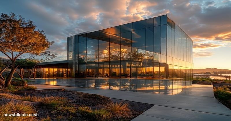 A cinematic photorealistic editorial photograph of Robinhood's headquarters in Menlo Park, California, with the company's dis