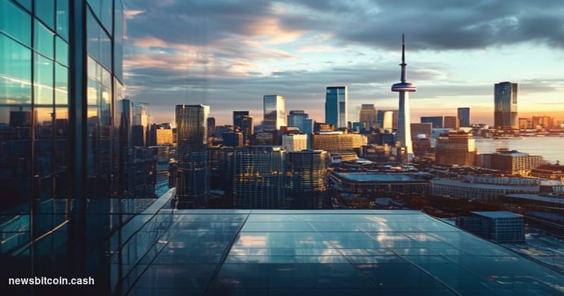 A cinematic photorealistic editorial photograph showing the iconic Toronto skyline with the CN Tower prominently featured, ca