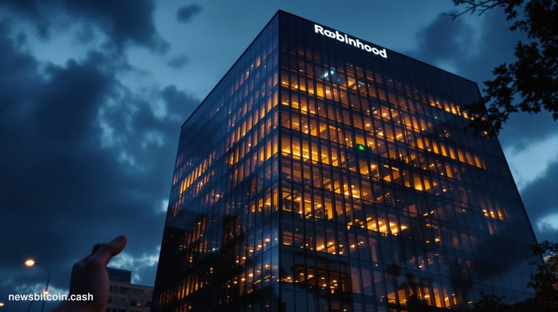 A cinematic photorealistic editorial photograph showing the Robinhood headquarters building in Menlo Park, California, captur