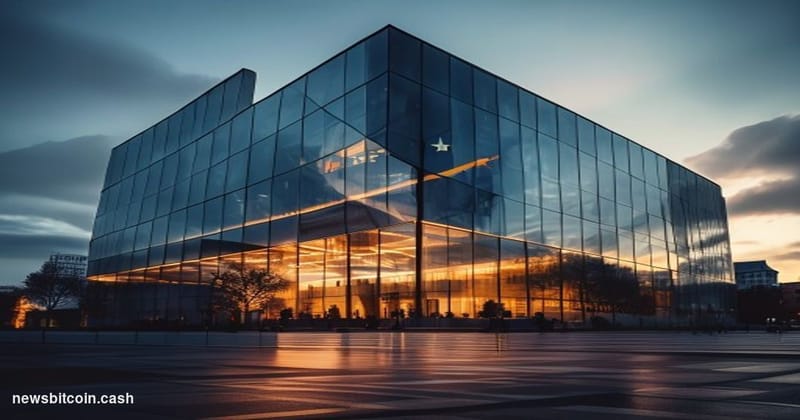 A dramatic photorealistic editorial photograph of the European Court of Justice building in Luxembourg, shot during golden ho