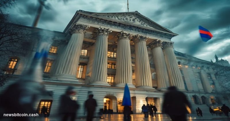A cinematic photorealistic editorial photograph showing the imposing neoclassical facade of the Central Bank of Russia buildi