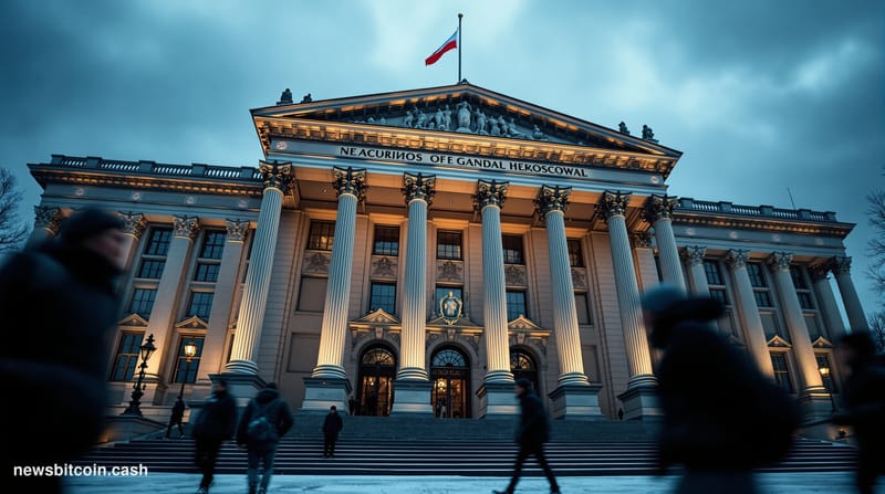 A cinematic photorealistic editorial photograph showing the imposing neoclassical facade of the Central Bank of Russia buildi