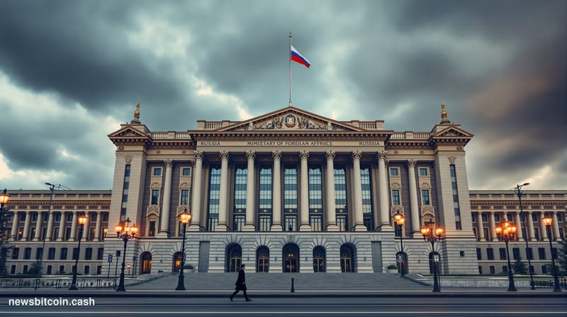 A cinematic photorealistic editorial photograph showing the imposing facade of the Russian Ministry of Foreign Affairs buildi