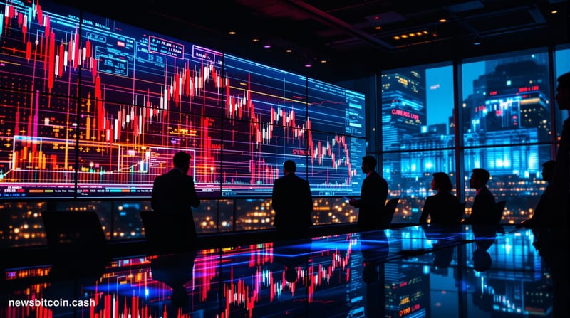 A cinematic photorealistic editorial photograph showing a dramatic financial crash visualization in a high-tech corporate env
