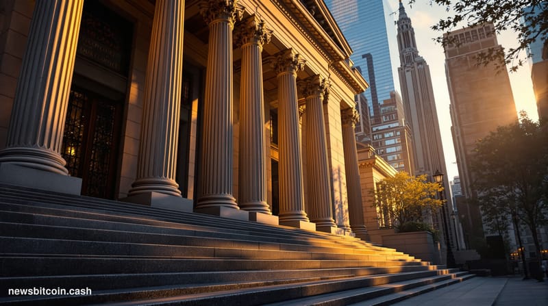 A cinematic photorealistic editorial photograph of the imposing facade of the Second Circuit Court of Appeals building in Man