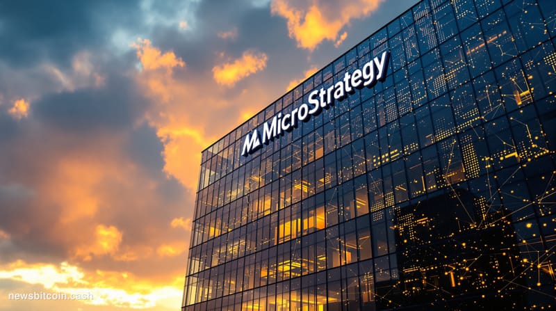 A cinematic photorealistic editorial photograph showing the iconic MicroStrategy headquarters building in Tysons Corner, Virg