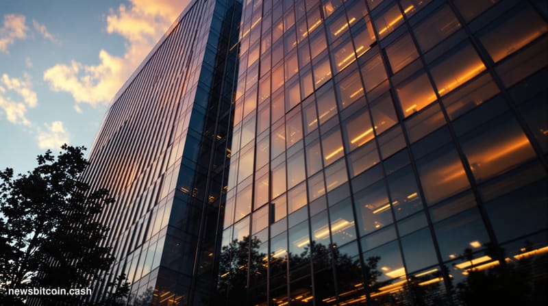 A cinematic photorealistic editorial photograph of Strategy's corporate headquarters building in Tysons Corner, Virginia, sho