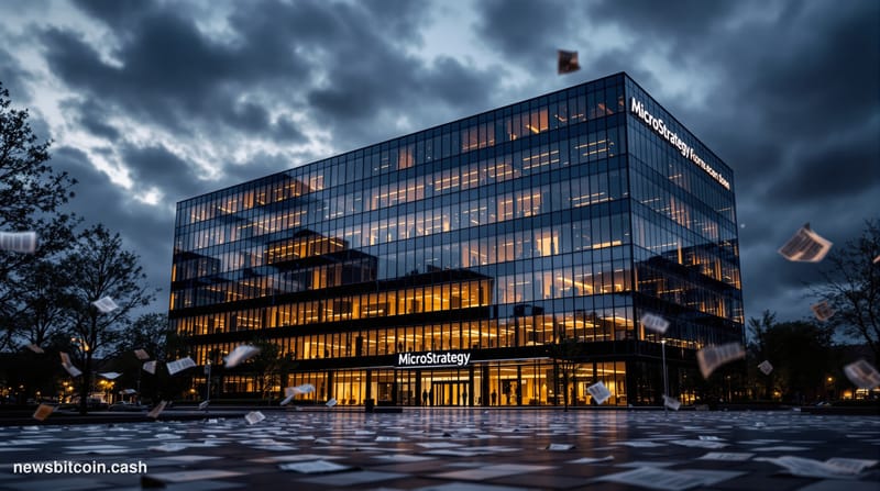 A cinematic photorealistic editorial photograph showing MicroStrategy's corporate headquarters in Tysons Corner, Virginia, wi