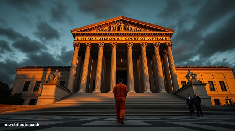A cinematic photorealistic editorial photograph showing the exterior of a federal courthouse building at dusk, with dramatic 