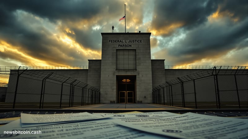 A cinematic photorealistic editorial photograph showing the imposing brutalist facade of a federal correctional institution a