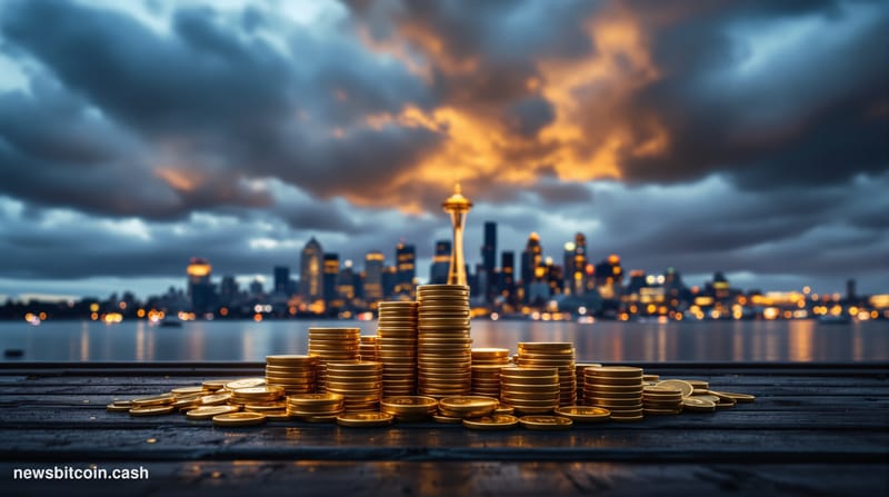 A cinematic photorealistic editorial photograph showing the Seattle city skyline at dusk with the iconic Space Needle promine