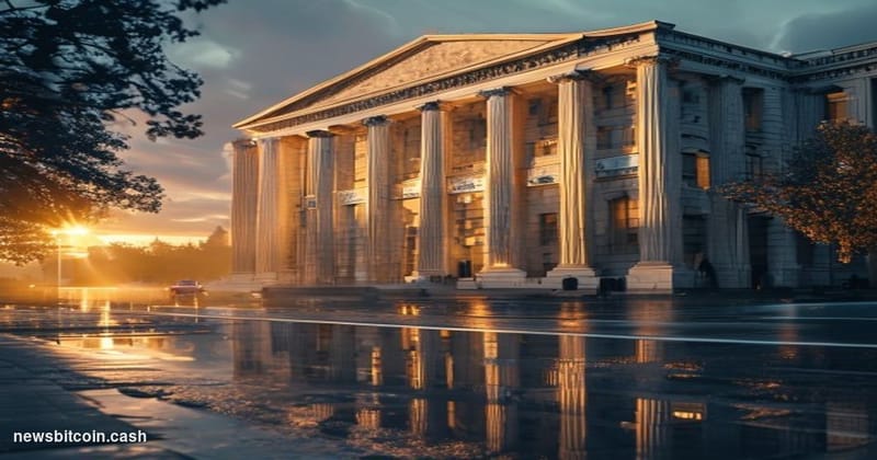 Cinematic photorealistic editorial photograph of the SEC headquarters building in Washington DC, captured from a low angle wi