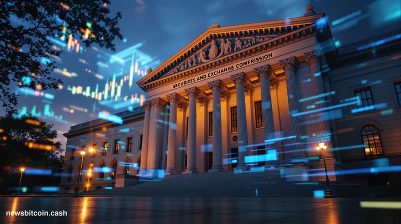 A cinematic photorealistic editorial photograph of the Securities and Exchange Commission headquarters building in Washington