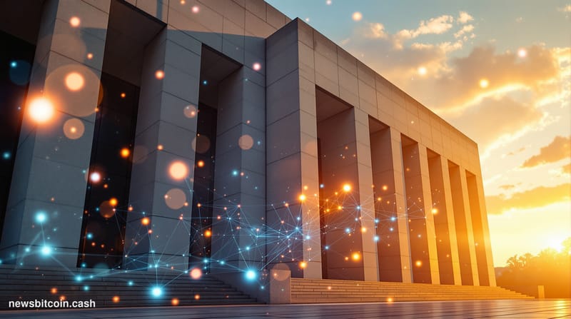 A cinematic photorealistic editorial photograph showing the imposing SEC headquarters building in Washington DC during golden