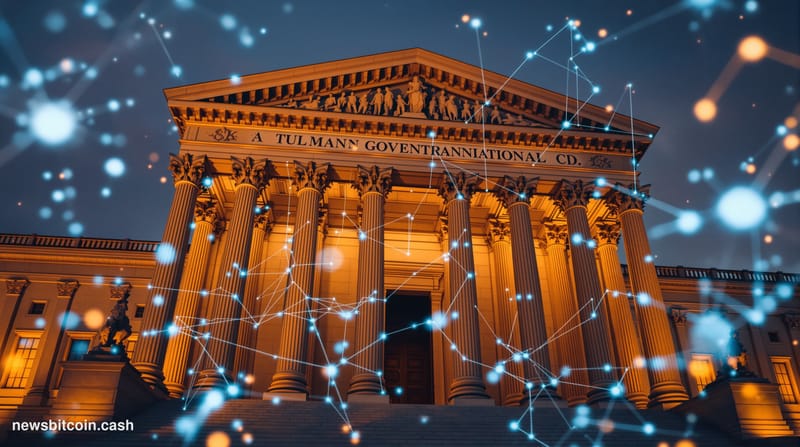 A cinematic photorealistic editorial photograph of the SEC headquarters building in Washington DC at dusk, shot from a low an