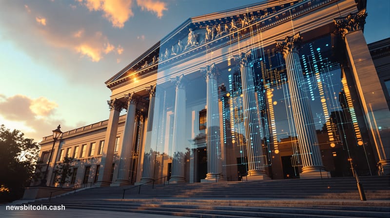 A cinematic photorealistic editorial photograph of the SEC headquarters building in Washington D.C., shot from a low angle du