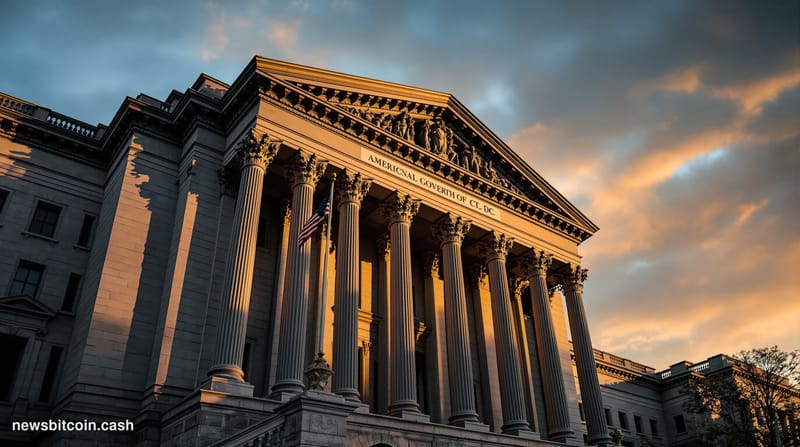 A cinematic photorealistic editorial photograph of the SEC headquarters building in Washington D.C., captured during golden h