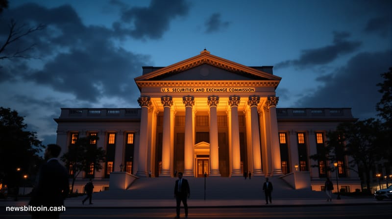 A cinematic photorealistic editorial photograph of the SEC headquarters building in Washington DC at dusk, with dramatic gold