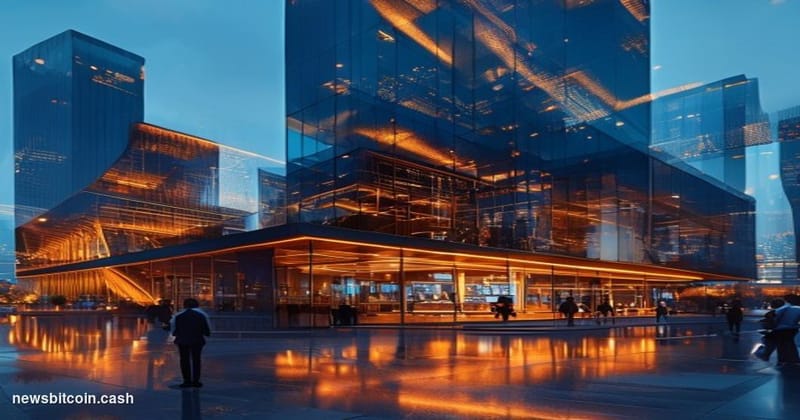 A cinematic photorealistic editorial photograph of a modern financial district at dusk, featuring glass-walled institutional 