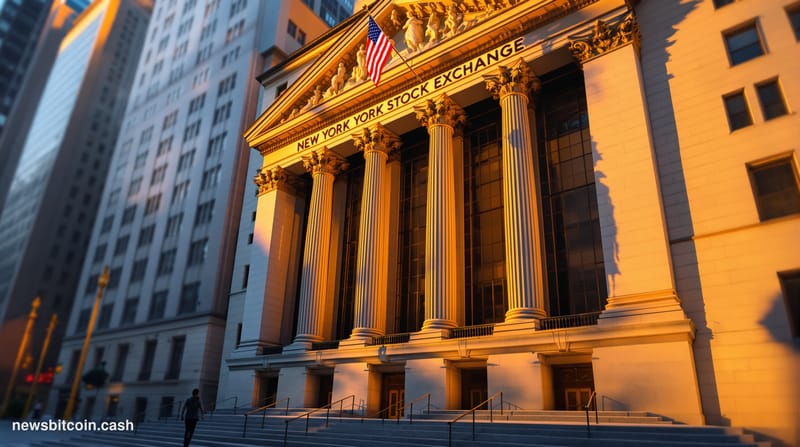 A dramatic photorealistic editorial photograph of the iconic New York Stock Exchange building facade on Wall Street at golden