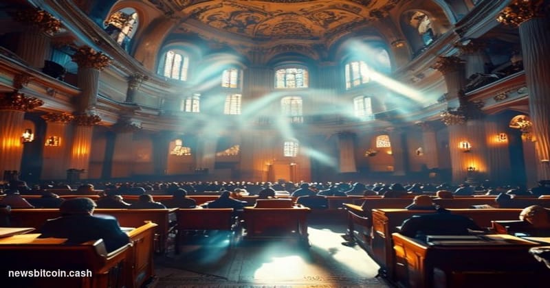 A cinematic photorealistic editorial photograph of the US Senate chamber interior during an active session, with Democratic s