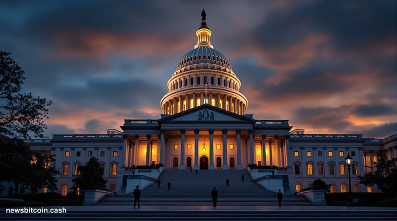 A cinematic photorealistic editorial photograph of the United States Capitol building at dusk, shot from the Senate side with