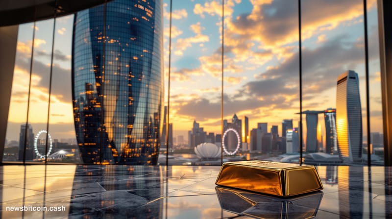 A cinematic photorealistic editorial photograph showcasing the iconic DBS Bank Tower in Singapore's Marina Bay financial dist
